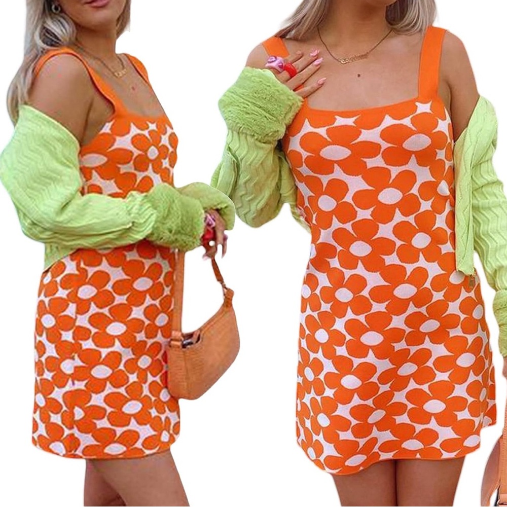 NWOT LXXIASHI Orange White Floral Print Knit Bodycon Dress - Size Medium